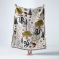Large woven forest blanket with deer and wolf patterns, bohemian style with fringe details - Forest Illustration (XT2022-15) / 130x160cm