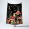 Detail view of a woven throw blanket featuring mushrooms and a crescent moon with fringe edges - Mushroom Forest Pattern (XT2024-1) / 130x160cm