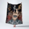 Detailed view of woven Bohemian throw blanket with mystical eye and crystal pattern - 130x160cm / Mystic Hand Pattern (XT2022-8)