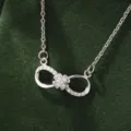 Korean style silver infinity 8-shape necklace with sparkling cubic zirconia and clover charm. - X5878-2 Style / Silver