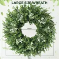 Size illustration of large artificial eucalyptus wreath with white berries and dimensions - Artificial Berry Boxwood Wreath (OPP Bag)