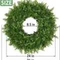 Large 24-inch artificial boxwood wreath with dense green leaves and size labels - Artificial Boxwood Wreath (OPP Bag)