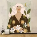 Bohemian ταπισερί με στυλιζαρισμένη εικονογράφηση γυναίκας και φλοράλ λεπτομέρειες - 73X95CM / Εικονογράφηση Κοριτσιού με Ροζ Μαλλιά (GT202569)