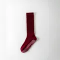 Burgundy long yoga socks with thick towel sole and anti-slip grip dots for fitness workouts. - Red