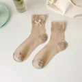 Chic women's summer thin bow socks, sweet lolita style ribbed breathable crew socks. - Nude