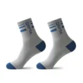 Grey mid-tube sports socks featuring blue heels, toes, and classic striped details. - Light Gray