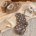 Warm winter women polka dot wool socks with casual furry shoes in cozy brown style - One Size / Brown