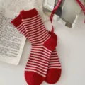 Red and white striped wool warm mid-tube socks, cozy winter casual knit hosiery for daily wear. - Striped