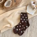 Brown polka dot winter warm mid tube socks for women, cozy fleece lined knitted casual hosiery. - One Size / Coffee