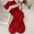 Red woolen thick warm mid-tube socks, stylish retro design, perfect for winter daily wear. - Flower Bud