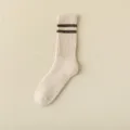 Comfortable men's winter thick ribbed crew socks with stylish double stripes design. - Oatmeal