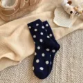 Navy blue polka dot cashmere blend women mid-tube socks, autumn and winter warm casual style. - One Size / Navy Blue