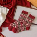 Cozy vintage Nordic style knit crew socks for women, perfect red winter daily wear. - Heart and Small Tree