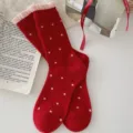 Red wool thick warm mid-tube socks with white polka dots and sweet pink ruffled cuffs. - Polka Dot