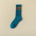Men's blue ribbed sports socks with orange stripes, warm winter crew socks for daily wear. - Blue