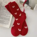 Red wool thick mid-tube socks with cute white heart patterns, cozy winter daily wear. - Heart
