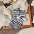 Calzini di lana Fair Isle donna inverno caldo spesso vintage fantasia a rombi comodi - Taglia unica / bianco-blu