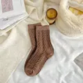 Cozy brown cable knit wool warm mid-calf socks for women, perfect for winter and sleep. - One Size / Khaki