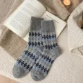 Grey wool socks with Fair Isle argyle pattern, retro warm thickened mid-calf socks for women. - Gray
