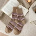 Retro Fair Isle argyle wool women's mid-tube socks, warm winter slouch knit socks for ladies. - Khaki