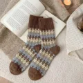 Brown Fair Isle wool mid-calf socks with retro argyle pattern, thick and warm winter socks. - Light Coffee