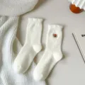 Winter white fluffy fleece lined socks for women, cute bear embroidery thick warm sleep socks. - One Size - EU 34-41 / Teddy Bear