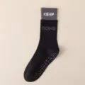 Non-slip yoga socks for women mid-calf color block athletic fitness black grey - Black and Gray
