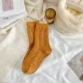 Mustard yellow cable knit wool socks for women, thick warm winter mid tube cozy socks. - One Size / Turmeric