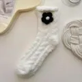Cozy fleece winter socks with cute black flower design, thick warm sleep socks for women. - White Floral