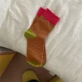 Women striped color-block mid tube socks green and pink casual winter slouch socks daily wear - One Size / Green Toe