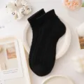 Japanese lace-trim hollow mesh short socks for women, breathable cotton cute black lolita socks. - Black