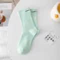 Mint green ribbed cotton mid-tube socks with cute letter print, soft breathable casual wear. - One Size / Green