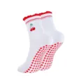 Witte antislip yogasokken voor dames met kers borduursel en hartjes voor pilates fitness. - Wit Rode Ruffled Rand Kers