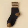 Thickened winter thermal women's mid-tube casual socks, black with brown striped cuff and heels. - Black
