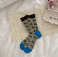 Chaussettes mi-mollet rétro japonaises à motif géométrique contrasté, douces et respirantes - Vert forêt