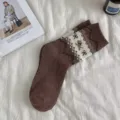 Brown Fair Isle puppy bow mid-tube socks, thick warm vintage winter cozy thermal hosiery. - Coffee