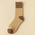 Thickened women's mid-tube casual socks featuring warm plush towel loop and retro stripes. - Khaki