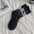 Dark grey Fair Isle winter mid-calf socks with cute puppy and bow pattern, warm and cozy. - Dark Gray