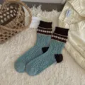 Women Retro Fair Isle Knit Socks Warm Thickened Wool Winter Slouch Socks Blue Green - One Size / Blue