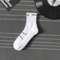 Men white mid-tube athletic socks with grey stripes and thickened towel bottom for sports running. - One Size / Crew Socks / White