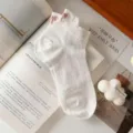 Cute women white short socks with pink bow embroidery, low cut cotton ankle socks. - One Size / White