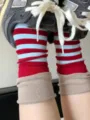 Dopamine contrast color striped double layer cuff slouch socks for women, red blue and khaki. - One Size / Khaki Sock Cuff