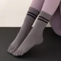 Women yoga five toe grip socks anti slip mid calf athletic sports fitness running socks - One Size / Gray