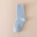 Girls fuzzy mid-calf socks winter warm coral fleece solid color cute hosiery for kids - Blue