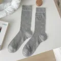 Women grey mesh mid tube socks with cute embroidered bow ballet core aesthetic fashion casual - Gray