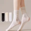 Damen Weiße Spitze Rüschen Stacked Socken Sommer Dünn JK Lolita Mid Socken Varianten - Weiß