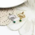 Detail shot of vintage hollow fan-shaped jewelry pendants with green gemstone drops - Fan Dangle / 20*25.7mm / Gold