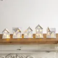 Set of five snow-covered LED Christmas wooden houses for cozy tabletop and window decor - Five-Piece Set / 5 Flocked White Wooden Houses Set