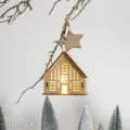 Rustic wooden Christmas house hanging ornament with warm LED light and star decoration - Vintage Small House Pendant