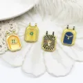 Vintage gold-plated tarot charms with enamel sun, mushroom, and clover details - Orange Edge Clover / 17.7x29.6mm